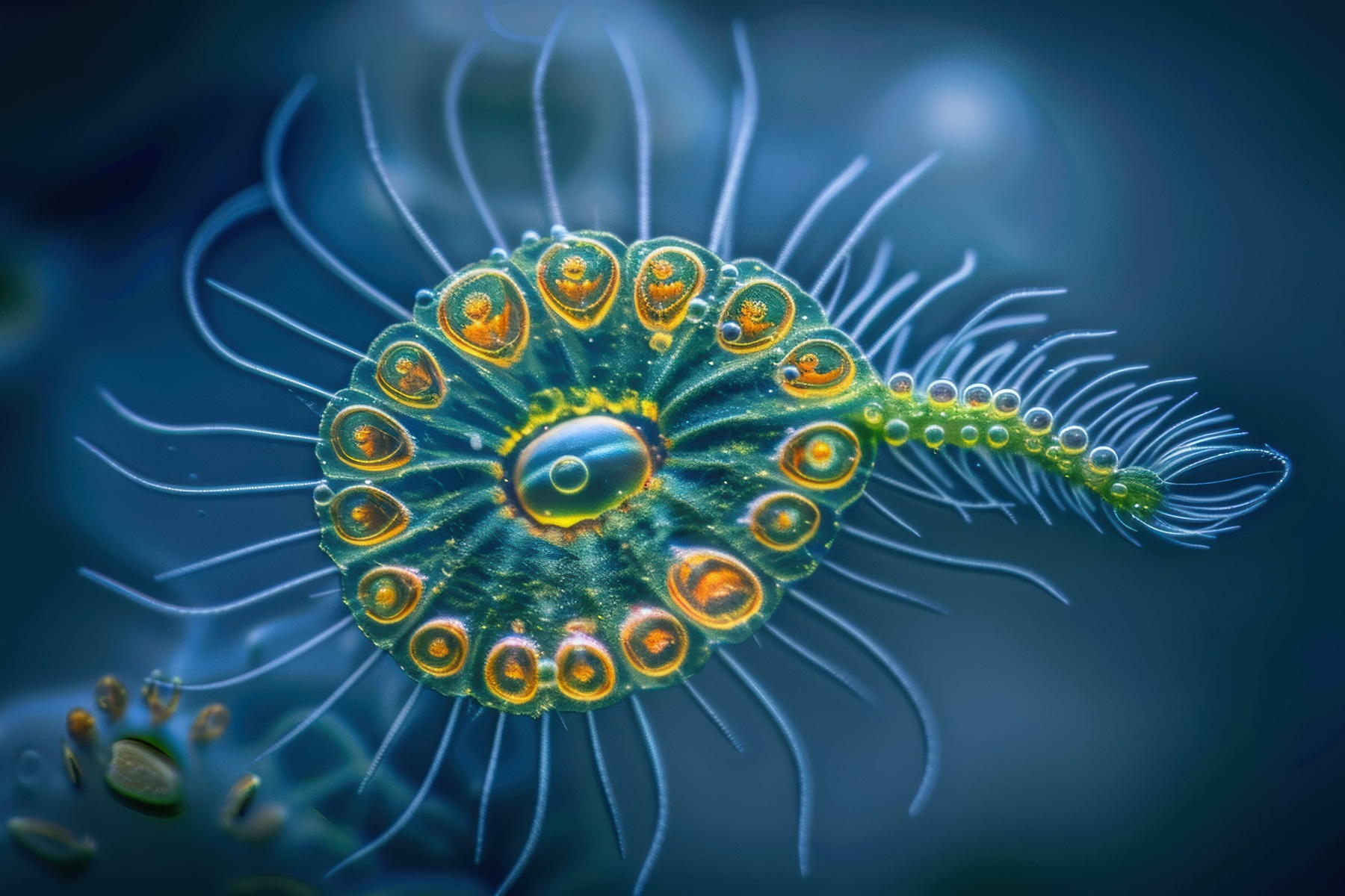 A close-up view of a colorful organism with intricate details. AI.