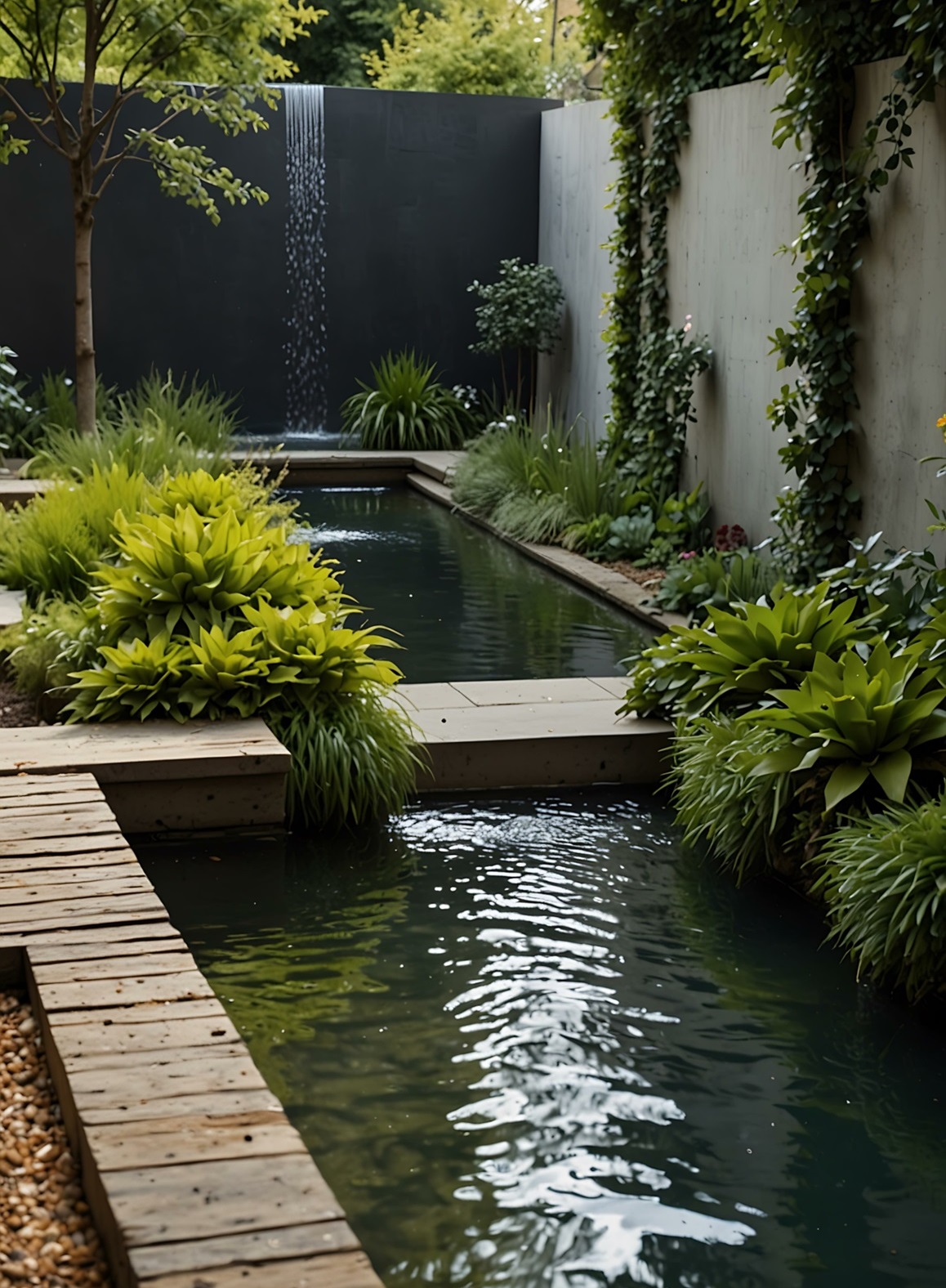 Secluded urban garden with benches and water features.
