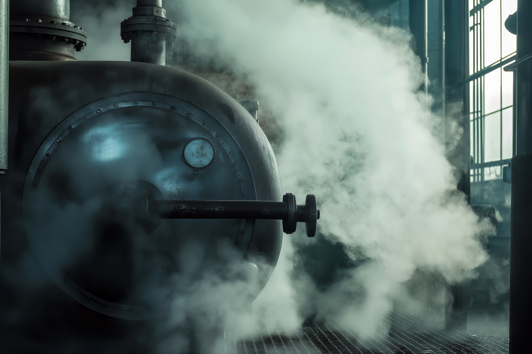 Steam rising from a large industrial boiler system inside a factory, showing high-pressure steam valves and steel tanks.