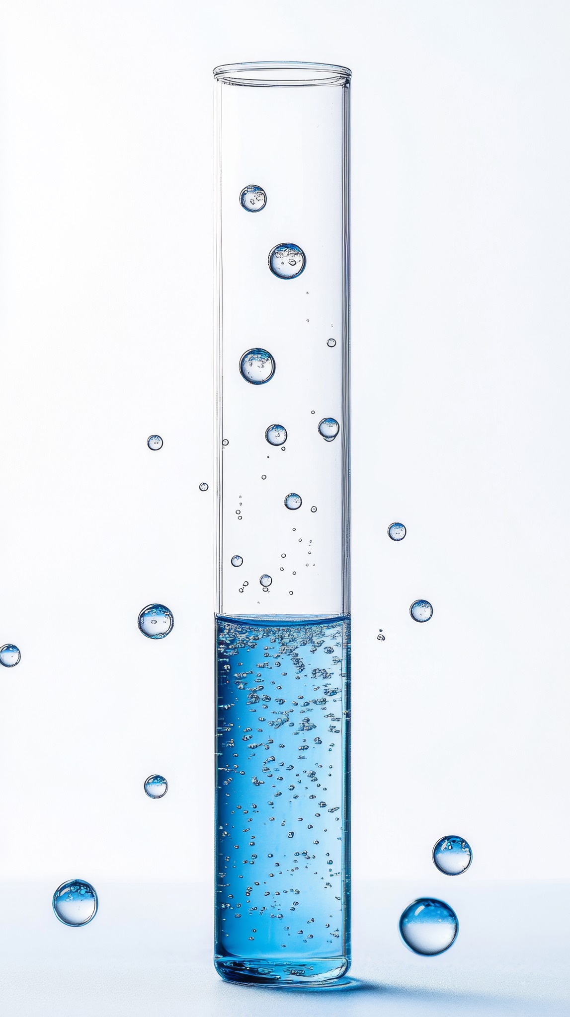 A tall test tube filled with clear blue water, surrounded by small bubbles and floating on the surface of a light white background. This is a studio photography image, in the style of advertising photography, with a clean and simple design. The high-resolution image features bright colors and high detail, creating an ultra-high definition product photoshoot. The studio lighting and commercial photography techniques result in a professional-quality image. --ar 9:16 --v 6.1 Job ID: 0460cb37-bcf3-4b30-ad7a-9dc20caa4e0b